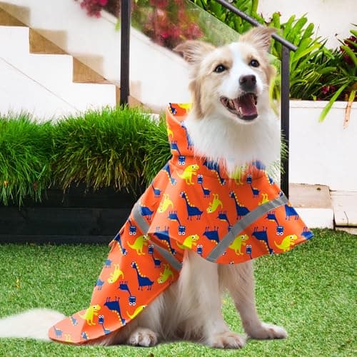 NACOCO Large Dog Raincoat Adjustable - Pet Dinosaurs Water Proof Clothes Lightweight Rain Jacket Poncho Hoodies with Strip Reflective Blue (XXL, Orange Dinosaur) - Thumbnail 4
