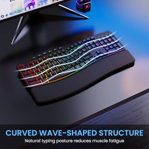 COLIKES Wireless Ergonomic Keyboard, Backlit Keyboard Silent with 15 RGB Lighting Effects, Leather Wrist Rest, 2500mAh Rechargeable, Multimedia Keys, Wave Keyboard for PC Computer Laptop Windows Mac - Thumbnail 4