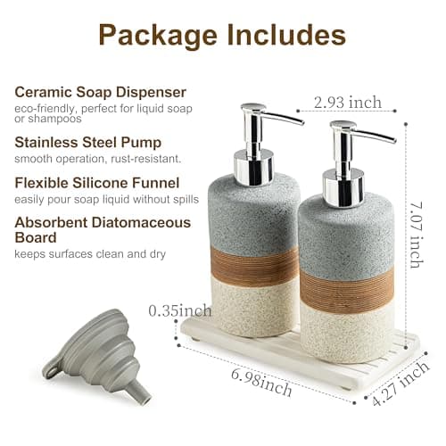 Cormomu Ceramic Soap Dispenser Set(2 Pack) – Hand Soap, Dish Soap, Shampoo & Shower Soap Dispenser for Bathroom & Kitchen, Stainless Steel Pump, Includes Silicone Funnel & Diatomaceous Tray, Gray - Thumbnail 3