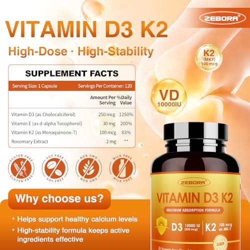 ZEBORA Vitamin D3 K2 - Maximum Strength 10000IU D3 & 100mg K2 as MK-7 - Heart, Bone, Immune Health & Antioxidan Defenses Support - Gluten-Free, Non-GMO, 120 Capsules - Thumbnail 2