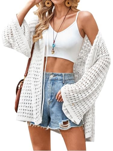Angashion Women's Crochet Cardigan Sweaters Lightweight Knitted Long Batwing Sleeve Hollow Out Tie Front Boho Beach Cover Up Off White XL - Image 1