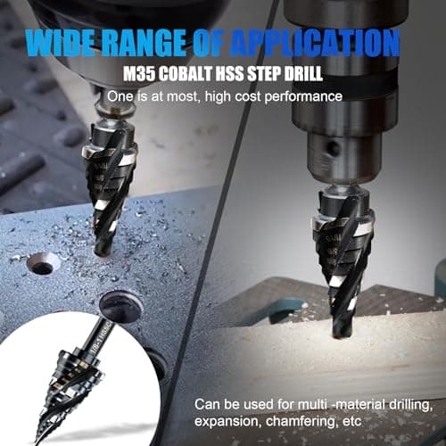 Four Spiral Flute M35 Step Drill Bit Set 1/8"-1"(9 Sizes), 3/8" Shank for Metal Step Drill bit, Impact Resistant Cobalt Step Drill Bit, for Stainless Steel, Wood, Aluminum, Plastic - Thumbnail 6