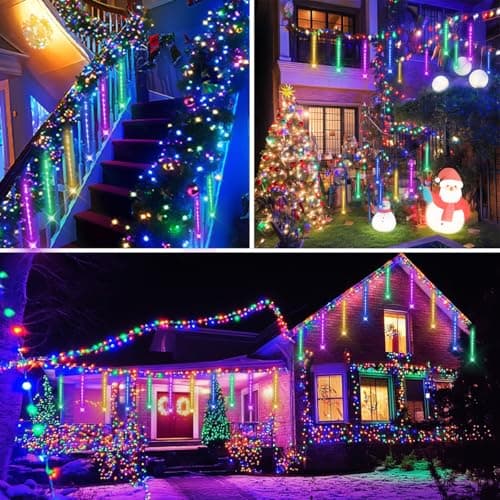 Christmas Outdoors Decoration, 32 Tubes Meteor Shower Lights Outdoor Indoor, Lauzior Snow Falling Icicle Cascading Lights for Christmas Halloween Decor Xmas Tree Holiday Yard Wedding Party, Multicolor - Thumbnail 6