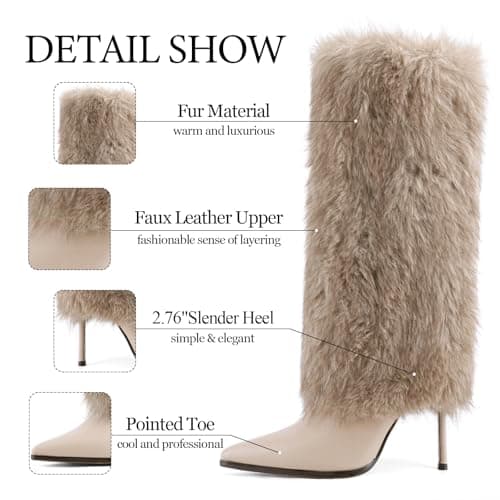 QIV Nude Fur Knee High Boots women Pointed Toe Stiletto Winter Fashion Tall Boot for Women Size 7 - Thumbnail 5