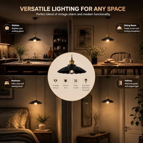 Oyisen Plug in Hanging Light, Vintage Black 9.8 Inch Lampshade 14Ft Plug in Pendant Light for Dining Room and Living Room, Kitchen Island Retro On/Off Switch Hanging Lamp Fixtures 2Pack - Thumbnail 3