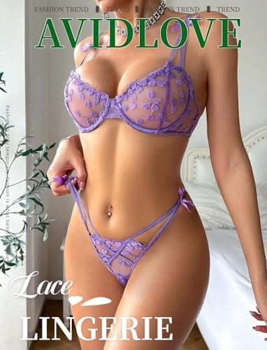 Avidlove Bra and Panty Set for Women Sexy Mesh Sheer Underwire Lingerie Set Lilac XL - Thumbnail 2