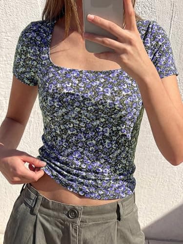 BTFBM Floral Square Neck Tops for Women 2026 Trendy Summer Outfits Short Sleeve Shirts Boho Top Beach Vacation Clothes(Black Purple Flower, Small) - Thumbnail 6