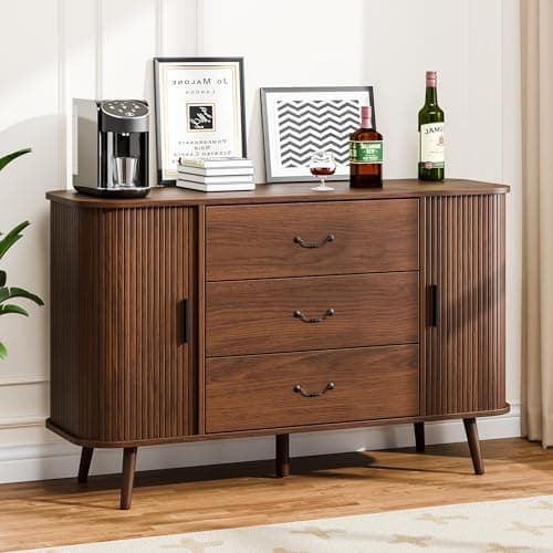 Azaeahom Buffet Sideboard, 47" Storage Cabinet with Drawers & Sliding Door, Adjustable Console Table for Kitchen Entryway Living Room, Walnut - Image 1