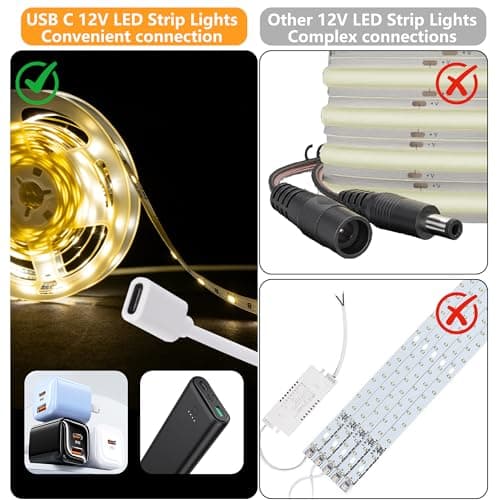 16.4ft 12V LED Strip Lights Warm White, USB C LED Light Strip Powered by Type-C, Flexible Cuttable LED Tape Light, USB Powered LED Lights for Bedroom, Cabinet, Mirror, 1ft USB-C Cable Included - Thumbnail 3