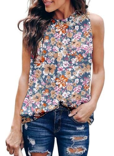 Dokotoo Womens Fashion Summer Casual Sleeveless Shirts Basic Tee Vest Halter Neck Elegant Floral Print Loose Fit Tunic Tank Top Blouses Sky Blue Large - Image 1