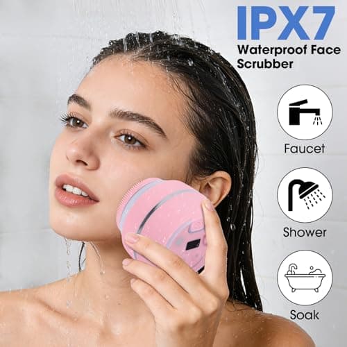 Electric Facial Cleaner with 6 Modes & 3 Light Effects, Rechargeable Waterproof Face Scrubber for Women and Men, Includes Extra Brush Head, Easy-Clean Hanging Design (Pink) - Thumbnail 6