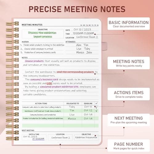 WEMATE Meeting Notebook for Work B5 (7"x10") - PU Leather Work Notebook with Agenda, Action Items & Notes - 200 Pages for Men&Women, Staff and Students, Meeting, Projects Planning -Rose Gold - Thumbnail 3