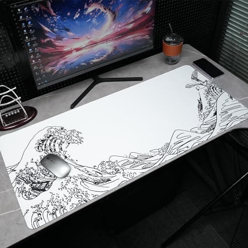 Large Gaming Mouse Pad for Desk,Kanagawa XXL Mouse Pad 35.4x15.7 Inch,Waterproof Desk Pad,Non-Slip Rubber Base Mice Pad,Keyboard Pad Computer Mat,White Mouse pad - Thumbnail 6