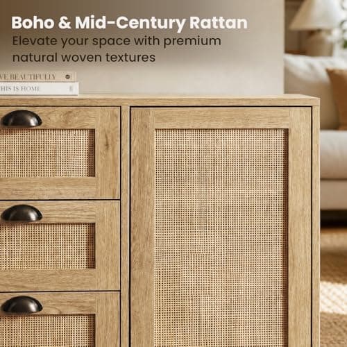 GREEN PARTY 47.2" Rattan Sideboard Buffet Cabinet, Coffee Bar Cabinet with Storage, 3 Drawers and 2 Doors, Boho Kitchen Storage Cabinet for Dining Room, Living Room, Entryway - Thumbnail 5
