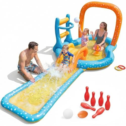 Inflatable Kiddie Pool with Dual Slides, Kids Splash Pool Play Center with Water Slide & Slip Slide, Outdoor Backyard Water Toy for Toddlers
