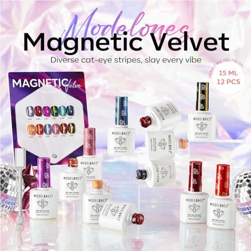 modelones 15ML Cat Eye Gel Nail Polish Set, 12Pcs Glitter Pink Red Green Purple Blue Cateye Gel Polish Set with Magnet Sparkle Series Hema-free Gel Polish Kit Same Color Same Bottle Soak Off Nail Art - Thumbnail 2