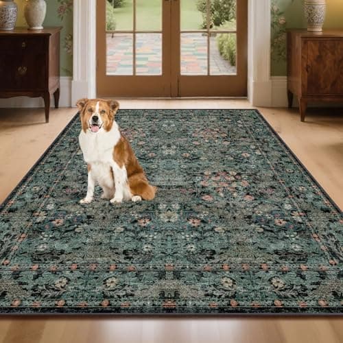 Large Moody 3x5 Rugs for Entryway Indoor, Dark Green Washable French Country Inspired Non Slip Area Rug for Dorm, Kitchen, Bedroom Bedside, Foyer, Laundry Room - Boho Distressed Floral Front Door Mat - Image 1