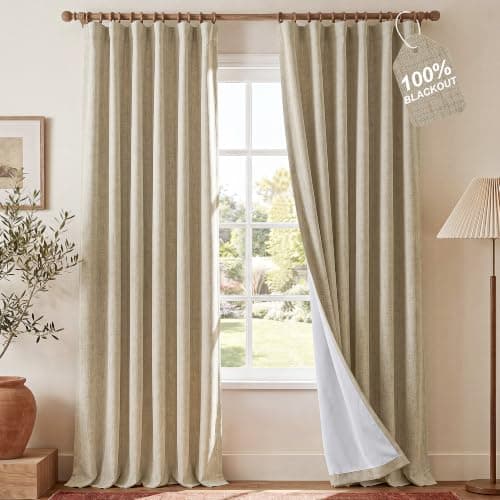 NICETOWN Farmhouse Linen Textured 100% Blackout Curtains, Rustic 3-in-1 Header (Hooks/Back Tab/Pocket), Thermal Insulated Room Darkening Window Treatment for Bedroom, Cream, 52" W x 90" L - Image 1