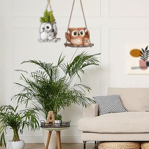 Swing Owl Hanging Planters for Indoor Plants, Cute Small Succulent Pots with Drainage Hole, Unique Resin Plant Hangers Outdoor, Hanging Plant Holder for String Of Pearls, Gift Ideas for Mother - Thumbnail 6