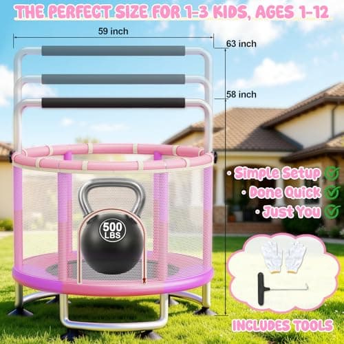 60" Toddler Trampoline for Kids,5FT Kids Trampoline for Toddlers 1-3,Upgrade Adjustable Kids Trampoline Indoor Outdoor,Mini Trampoline for Kids 2-5,500lbs Baby Small Trampoline with Net and Swing - Thumbnail 6