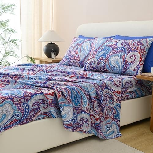 Spirit Linen home Full Size Bed Sheets Set Deep Pockets - 6PC Floral Ultra Soft Microfiber Bed Sheets - Easy to Clean, 90 Thread Count Sheets Includes 1 Fitted, 1 Flat, 2 Pillowcases (Navy Medallion) - Thumbnail 2
