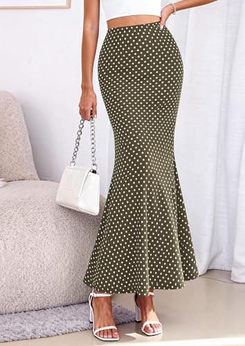 PRETTYGARDEN Women's Maxi Skirt 2026 Summer Flowy Polka Dot Floral High Waisted Mermaid Office Work Spring Long Slip Skirts (Dot Army Green White,X-Small) - Thumbnail 5