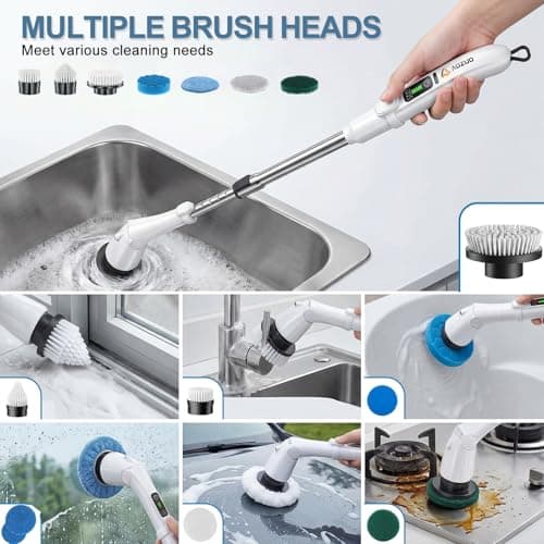 AOZUO Electric Spin Scrubber, Power Cleaning Brush with 3 Speed Modes LED Light, 7 Replaceable Heads Cordless Shower Scrubber, Long Handle Extendable Scrubber for Bathroom, Floor, Tub, Tile, Grout - Thumbnail 3
