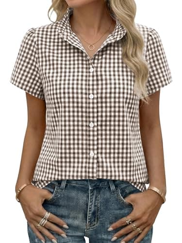 Funlingo Womens Button Down Plaid Shirts Summer Dressy Short Sleeve Blouses Ruffle Collar Checkered Work Tops Business Casual Outfits 2026 Coffee Plaid S - Image 1