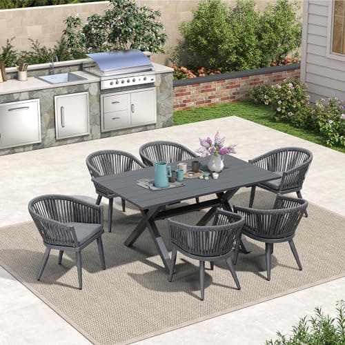 PURPLE LEAF 7 Pieces Outdoor Dining Set with Wicker Chairs Cushion, Grey