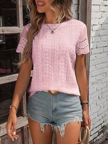RICHSTORY Summer Tops for Women 2026 Casual Crewneck Short Sleeve Shirts Cute Ladies Top Comfy Spring Dressy Blouses Women's Clothing Pink XX-Large - Thumbnail 2