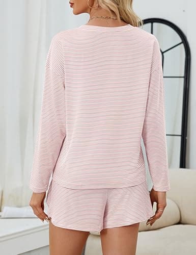 JUSTFASHIONNOW Womens Pajama Sets Long Sleeve Top and Split Shorts Striped Two Piece Lounge Set Cozy Loungewear Crew Neck Sleepwear Soft Pjs Fall Winter Cute Outfits (Pink, Small) - Thumbnail 5