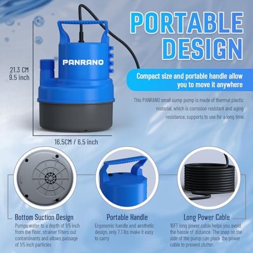 PANRANO 1 HP Submersible Water Pump 3500 GPH Portable Small Sump Pump For Pool Cover, Basements, Puddles, Gardens Ponds With 16.4 Ft Power Cord and Hose Adapters, Blue - Thumbnail 4
