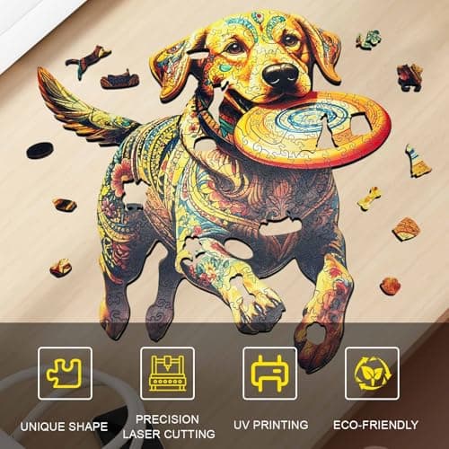 Wooden Puzzle for Adults, Dog with Frisbee Wooden Jigsaw Puzzle 200 Piece, Unique Animal Shaped Wood Cut Puzzles, Fun Challenging Labrador Retriever Puzzles for Adults Family Game Wall Decor 10.3*11in - Thumbnail 5
