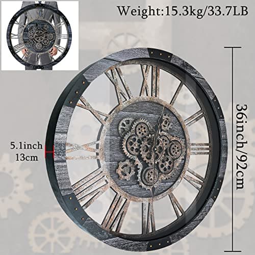 TOPPTIK 36 Inch Moving Gear Wall Clock, Oversized Wall Clocks, Clock Living Room Decor, Solid Wood Frame, Battery Operated, Large Wall Clock with Steampunk Industrial for Fireplace(Gray) - Thumbnail 2