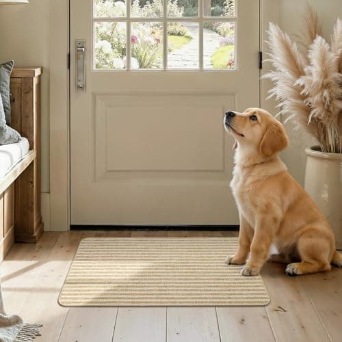 MatEssenz Door Mat Indoor Entrance 17"x29.5", Low Profile Washable Entryway Rug with Non-Slip Rubber Backing, Striped Woven Faux Linen Front Door Mat, Pet Friendly Dirt Trapper, Khaki - Image 1