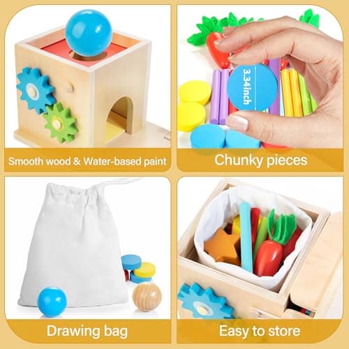 Kizfarm Wooden Montessori Baby Toys, 8-in-1 Wooden Play Kit Includes Object Permanent Box, Coin Box, Carrot Harvest, Shape Sorting & Stacking - Birthday Gift for Boys Girls Toddlers - Thumbnail 6