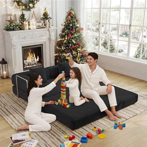 BSHOMGI Convertible Sofas Boneless Couches with 2 Pillow, Modern Corduroy Futon Bed, Modular Queen Sofa with Pull-Out Bed, LoveSeat for Living Room, Small Space Apartment BlackDouble Sofa - Thumbnail 4