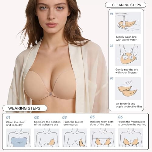 MITALOO Seamless Adhesive Bra Sticky Strapless Invisible Push up Bras Silicone Backless Nipple Cover for Women Beige - Thumbnail 6