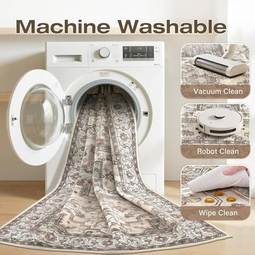 Jessibou 8x10 Area Rugs Living Room: Washable Vintage Rug Large Non-Slip Stain Resistant Ultra Soft Low Pile Pet Kids Friendly Carpets for Bedroom Dining Room Nursery Home Office Decor - Light Brown - Thumbnail 2
