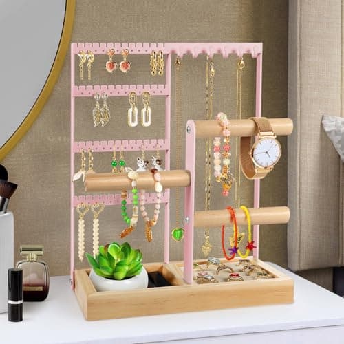 Godboat Jewelry Organizer - Earring Holder with 48 Holes, 6 Hooks Necklace Organizer, Bracelet and Ring Stand with Jewelry Box, Mothers Day Gifts for Women, Mom, Preppy Stuff & Room Decor, Pink - Image 1