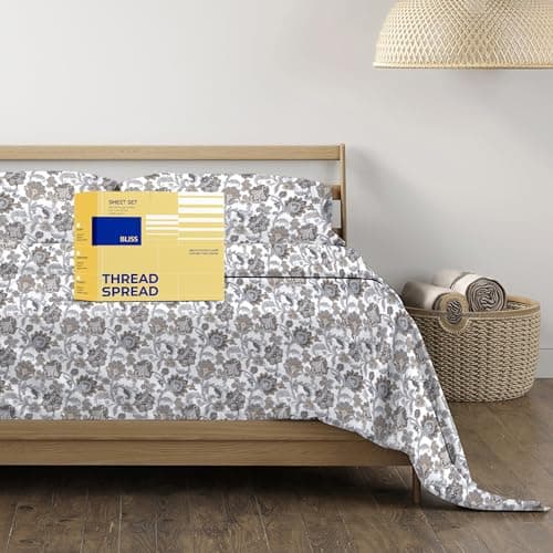 THREAD SPREAD Luxury Egyptian Cotton Queen Printed Sheet Set, 600 Series Bliss Collection Extra Long Staple Set (4 PC, Floral Ivory), Queen Printed Sheets, Cooling Sheets Upto 18" Deep Pocket - Image 1