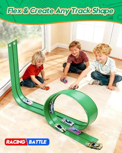 MATELOTI Flex Track 15 Ft Flex Race Car Track with 6 Toy Cars, Portable DIY Racetrack Compatible Diecast 1/64th Cars for Ages 3 Up with Suction Cups, Birthday Gifts for Boys(Green) - Thumbnail 2