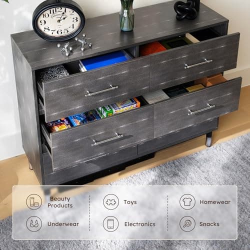 BERRY NEST Grey Dresser for Bedroom, 6 Drawer Wood Dresser with Modern Storage Organizer, Wide Chest of Drawers for Clothes, Closet, Living Room - Thumbnail 4
