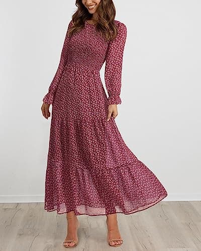 BTFBM Women Casual Long Sleeve Crew Neck Fall Dress Bohemian Relaxed Fit Floral Flowy Maxi Dresses Tiered Cocktail Dress(Floral Red White,X-Large) - Thumbnail 6