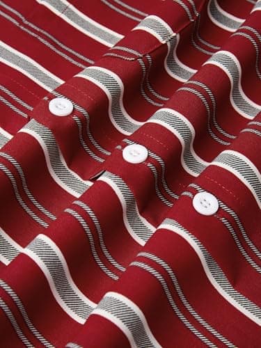 Hardaddy Men's Classic Color Contrast Striped Shirt Long Sleeve Casual Button Down Shirts Blouse Wine Red 3XL - Thumbnail 2