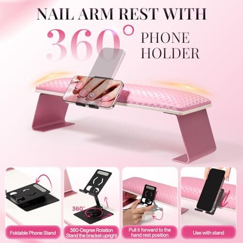 Krofaue Nail Arm Rest for Nails Tech, Ultra Stable Metal Frame with Phone Holder, Ergonomic Comfortable Premium Leather Nail Hand Rest, Large Size Fits Nail Lamp & Manicure Table, Non-Slip, Easy Clean - Thumbnail 4