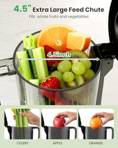Kismile Cold Press Juicer Machine with Touch Control & 3 Modes, 4.5” Wide Feed Chute Slow Juicer for Whole Fruits & Vegetables, Stainless Steel Juicer Press, Easy to Clean, High Juice Yield for Home - Thumbnail 2