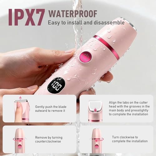 Crolanli Bikini Trimmer for Women, 3-in-1 Electric Razor, IPX7 Waterproof Ceramic Blades, Wet & Dry Use, LED Display, Painless Shaver for Bikini, Face, Underarms, Legs, Home Travel (Pink) - Thumbnail 5