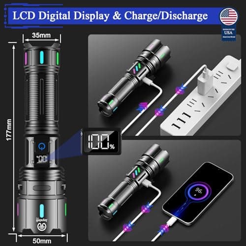 Jayxinli Rechargeable Flashlights High Lumens, High Powered 20000 Lumen Flashlight with 5000mAh Battery, LCD Display, 5 Modes, Zoomable, IP67 Waterproof, LED Flash Light for Camping, Dog Walking - Thumbnail 4