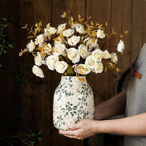 Green & Beige Vintage Chinoiserie Ceramic Vase 7.8”, Floral Rustic Decorative Vase for Living Room, Bookshelf, Office, Grandmillennial & Tuscan Decor - Thumbnail 2